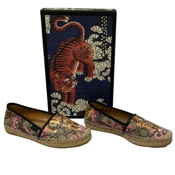 Gucci Bengal Tiger Floral Supreme Monogram Canvas Rare Espadrilles Size 7 1/2 - Picture 7 of 13